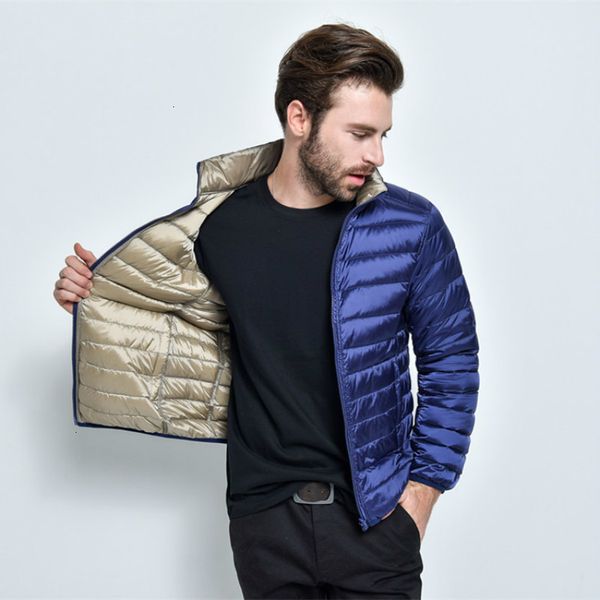 

new fashion boutique white duck solid color ultra-light thin casual stand collar mens down jacket coat double-sided wear, Black