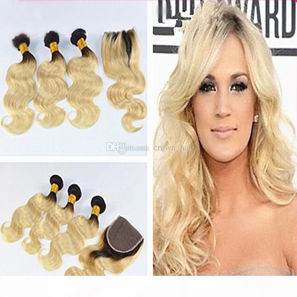 

dark root blonde #613 ombre hair bundles with lace closure middle 3 part 1b 613 hair bundles with hair bundles 4pcs lot, Black