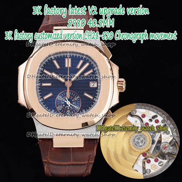 

eternity 3kf v2 upgrade version ch28-520c chronograph automatic blue dial two tone rose gold case 5980 mens watch leather band sport watches, Slivery;brown
