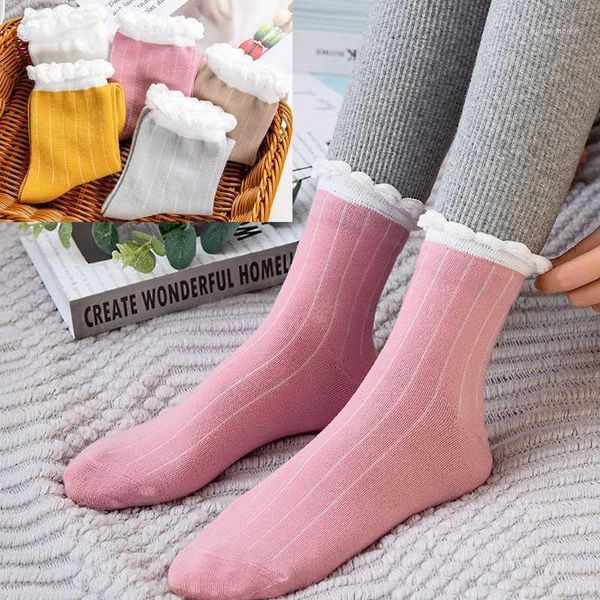 

fashion bubble lace ruffles socks women soft cotton socks solid color striped sweet princess girls long1, Black;white