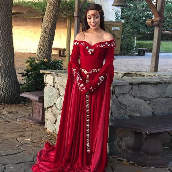 

velvet red algerian evening dress appliques lace prom party gowns a line off the shoulder long sleeves formal vestidos, Black