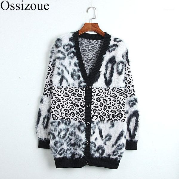 

new women cardigan 2020 autumn winter patchwork leopard korean sweater v-neck coats cardigan knitted long loose casual outwear1, White