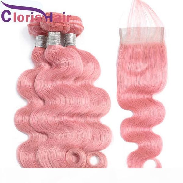 

pink raw virgin indian body wave hair weave 3 bundles with lace closure colored pink human hair closures and wavy extensions 4pcs deals, Black;brown