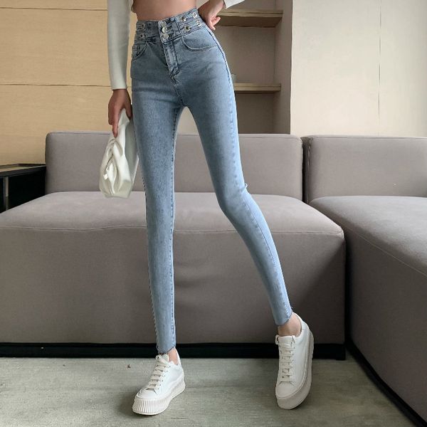 

early spring new hong kong style high waist corns lace up light blue stretch jeans women's leggings