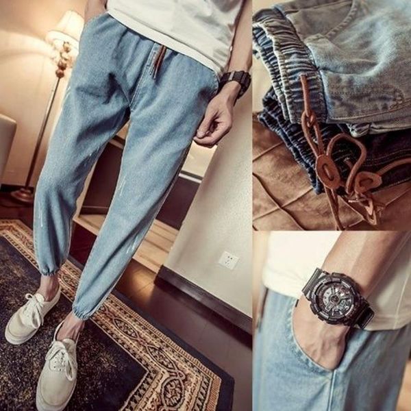 

autumn winter jeans men's new elastic drawstring tethered slim-fitting feet nine-point pants black all-match, Blue
