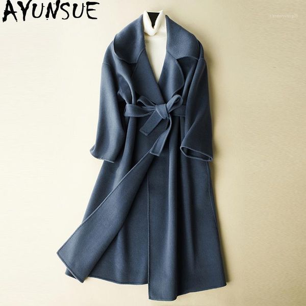 

women's wool & blends ayunsue 100% pure coat female 2021 korean fashion double-sided women coats long autumn winter jacket with belt wy, Black