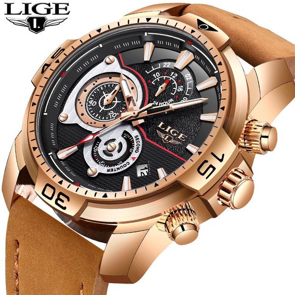 

wristwatches lige fashion men watches sport waterproof quartz watch casual leather date relogio masculino, Slivery;brown