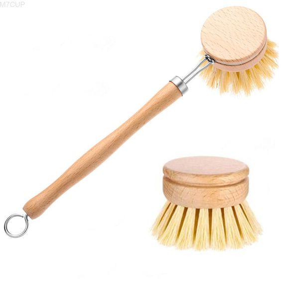 

natural wooden long handle pan pot dish bowl washing & replacement brush heads household kitchen cleaning tools dhe207