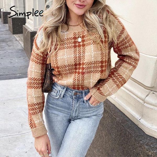 

simplee geometric plaid knitted sweater women casual pullover sweaters ladies vintage pattern female jumpers fall winter 20201, White;black