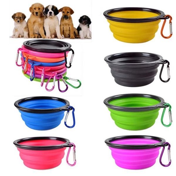

portable foldable pet cat dog food water feeders with carabiner outdoor travel hiking bowls
