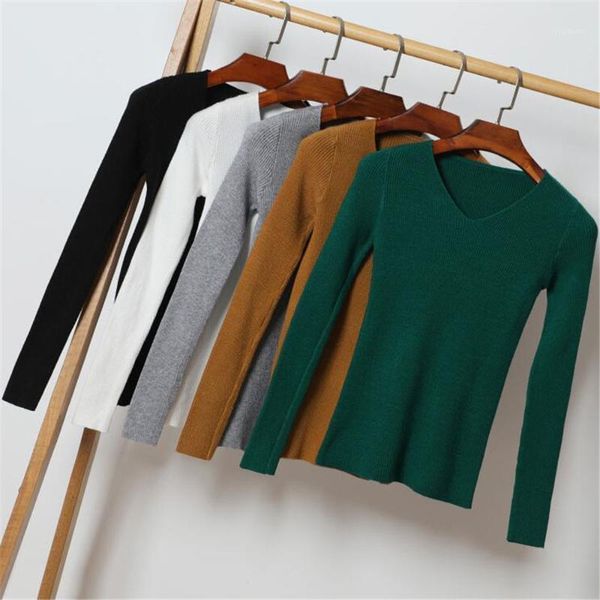 

2020 korean new autumn winter knitted pullover sweater women's v neck long sleeve slim solid basic sweaters female gray1, White;black