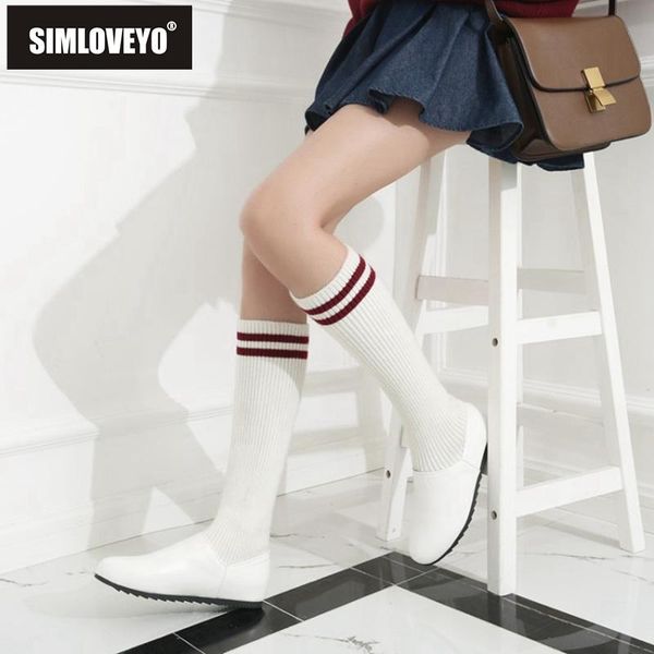 

simloveyo ladies knee bootie 2021 parent child round toe sock knit classic red stripe big size soft warm casual autumn b2199, Black