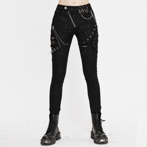 

punk women pants outwear holes pencil pants women slim fit black long trousers metal chains punk female pant, Black;white
