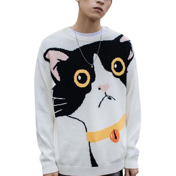 

funny cartoon cat sweater pullover jumper men printed knitted sweater hip hop harajuku streetwear casual male, White;black