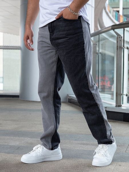 

men color block slant pockets jeans s37k#, Blue