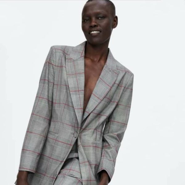 

gray short plaid casual blazer women autumn suit korean style vintage womens blazers long sleeve blazer mujer elegante1, White;black