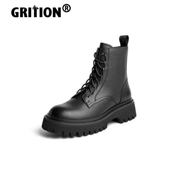 

boots grition women genuine leather platform zipper chunky wedges shoe non slip lace up winter flat punk 2021 arrival, Black