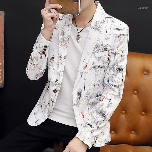 

hoo 2020 men's cool printed suit youth one button autumn slim blazers1, White;black
