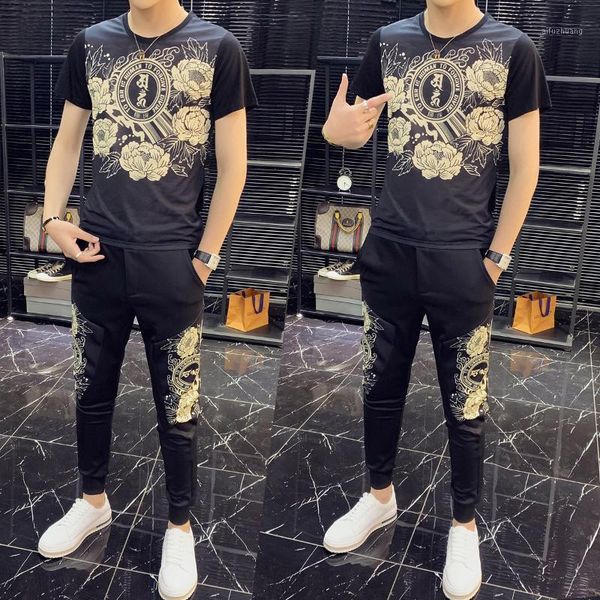 

2020 fashion two piece set men tracksuit slim fit outfits men set short sleeve t shirt 2 piece and pant1, Gray