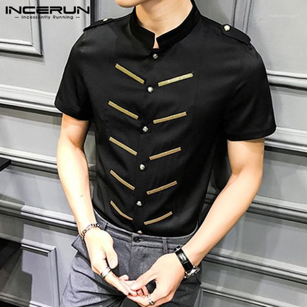 

men's dress shirts fashion men uniform shirt printed short sleeve chic 2021 stand collar brand button elegant camisa incerun s-5xl1, White;black