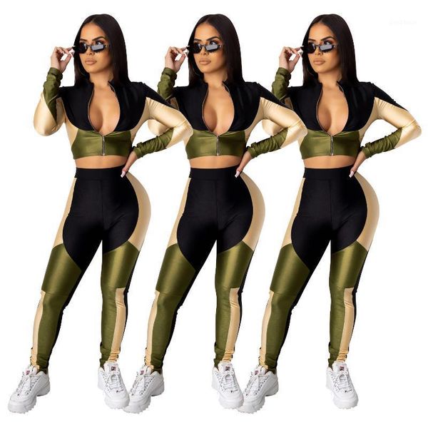 

women autumn clothes set, black green gold splicing stand-collar long-sleeves crop + elastic high-waist pants for girls1, Black;blue
