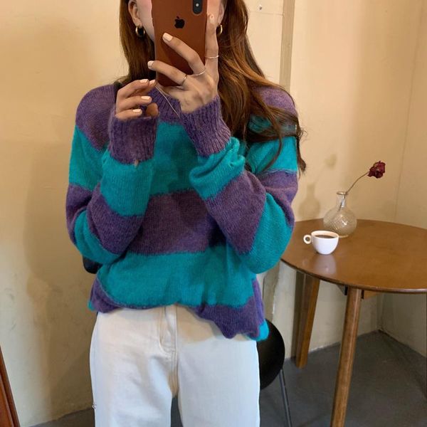 

2021 autumn striped sweaters casual o-neck patchwork knitted long sleeves women sweater, White