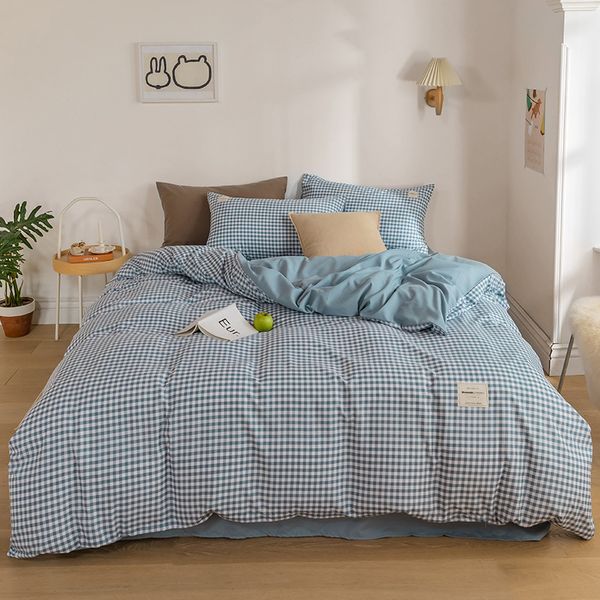 

japanese-style simple color matching plaid cloud cotton reactive print bedding sets home bedding set 4pcs q1215