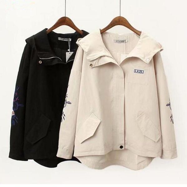 

women embroidery trench coat long sleeve autumn casual windbreaker womens loose coats plus size 3xl, Tan;black