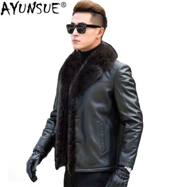 

ayunsue leather jacket men real raccoon fur collar wool liner second layer of sheepskin coat men leather jackets a2020 my729, Black