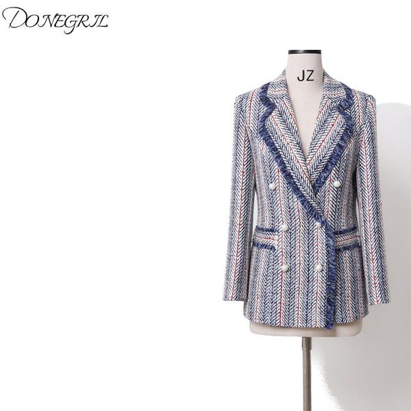 

2020 осень зима старинные полоса tweed blazers куртки женские жемчужины кисточкой тонкий костюм костюм пиджака женское пальто офис blazer mu, Black;brown