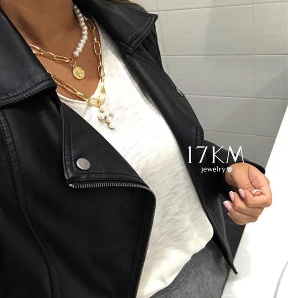 

pendant necklaces 17km vintage cross pearl choker necklace for woman collar 2021 double layer bead coin gold couple fashion jewelry, Silver