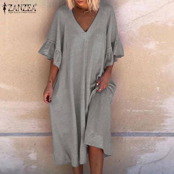 

women dress zanzea summer solid bohemian ruffles short sleeve midi sundress casual loose v-neck holiday vestidos robe femme 5xl, Black;gray