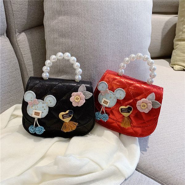 

luxury girl princess accessory bag fashion fashion children's school bag new cartoon pearl single shoulder messenger bag, Black