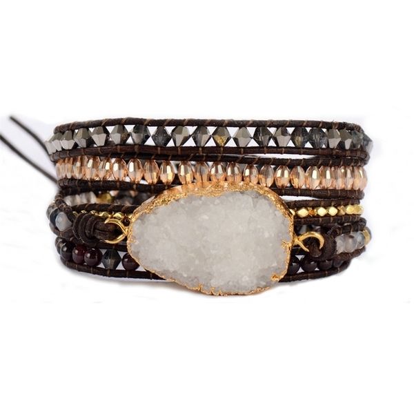 

womens bracelets unique natural stones crystals natural druzy charm 5 layers leather wrap bracelets fashion bracelet dropship y200730, Black