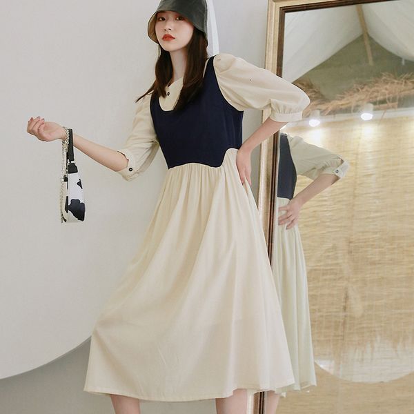

2021 new spring and autumn fake design sense of two pieces big swing women's dress around the neck seven quarters simple alpw, Black;gray