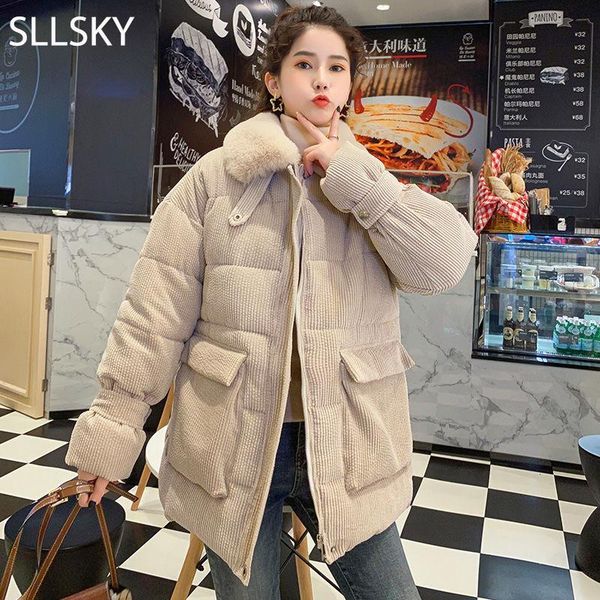

sllsky women's corduroy padded jacket 2021 winter loose faux fur collar thicken warm short casual korean padded jacket, Black