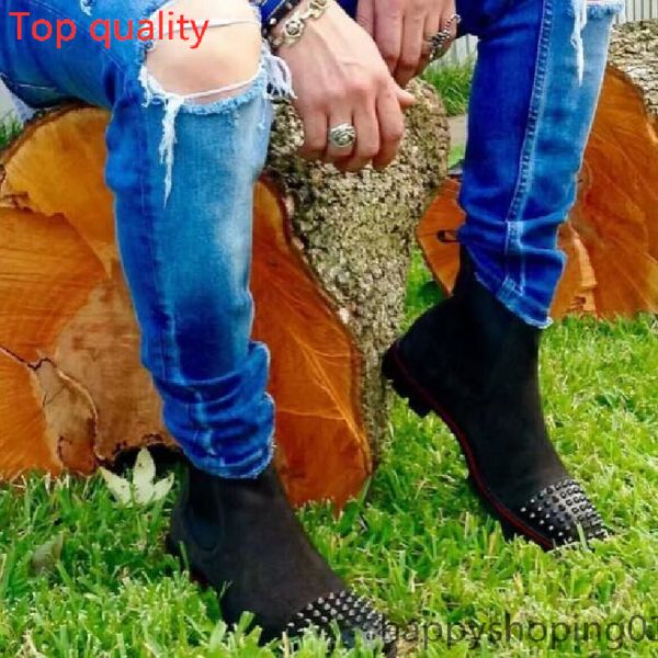 

men red bottom mid design men ankle low heels genuine leather suede with rivets melon spikes flat short knight boot, Black