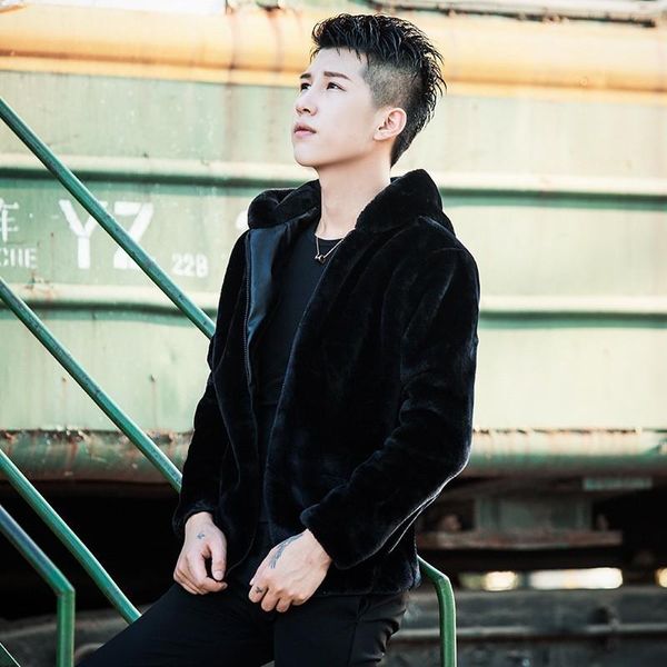 

autumn faux fur coat men long sleeve plush fur coat mens mink hoodies bomber jacket hat winter jacket mens leather erkek mont, Black