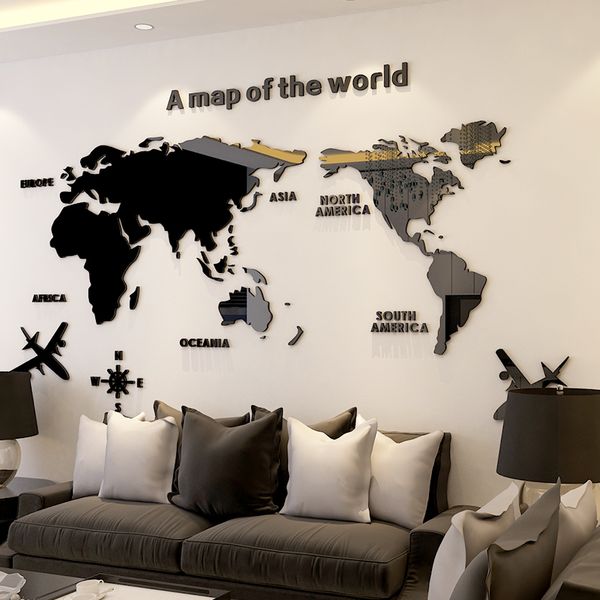 Adesivo de Parede 3D Acrílico Parede Decorações Sala de estar Quarto Mapa do mundo adesivos Home Decor 5 Tamanhos Um Piece Papel de Parede Venda Quente 201202