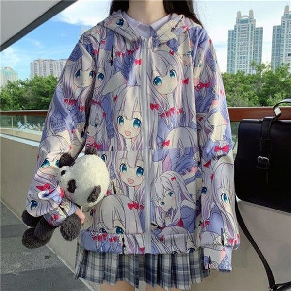 

houzhou autumn anime hoodie fashion kawaii print zip up hoodies streetwear harajuku sweatshirt korean style cute women hoodies 201127, Black