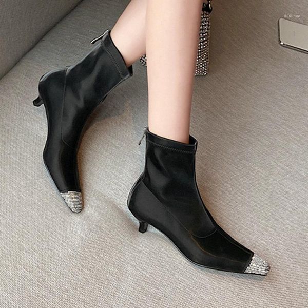 

eshtonshero woman shoes scrub ankle boots rhinestone med heels fashion zipper fashion square toe ladies casual boots size 2-91, Black