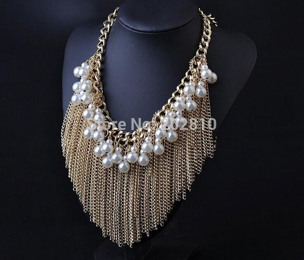 

fine quality trendy pearl statement gold-color tassels chains choker necklace pendant 2020,pearl bead vintage necklace, Silver