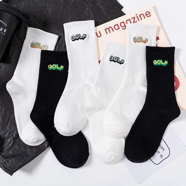 

black and white golf lettered mens socks cotton crew socks male fashion harajuku solid color casual simple1