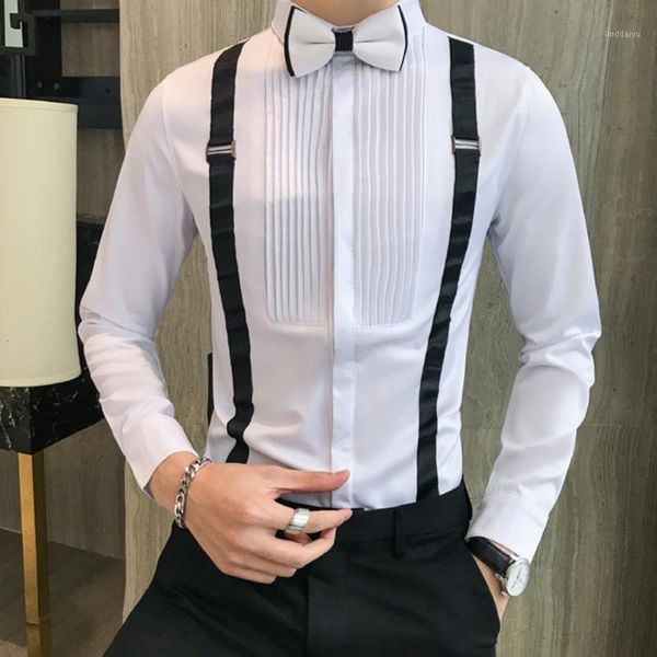 

fake two pieces tuxedo shirts men long sleeve casual slim fit dress social shirts streetwear night club work chemise homme1, White;black