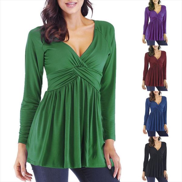 

spring v neck pleat long sleeve womens peplum blouse casual solid plus size women clothing vetement femme ey*, White