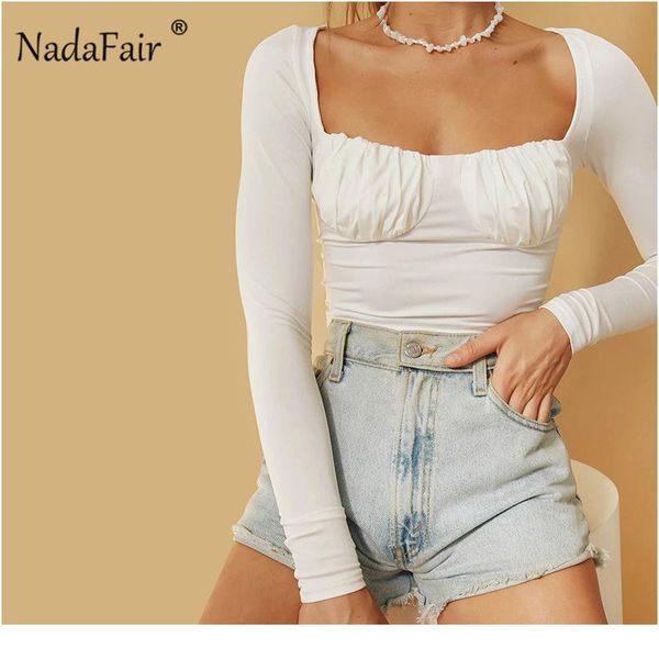 

nadafair long sleeve crop 2020 square collar white short t-shirt woman pure draped autumn lady 202 sqcrvg