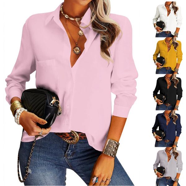

2022 new solid color women's clothing spring and summer new fashion lapel long sleeve shirt temperament leisure shirt women, White
