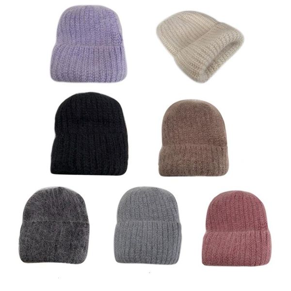 

women winter thick fuzzy plush knitted beanie hat simple plain solid color harajuku hip hop outdoor stretch cuffed skull cap ear