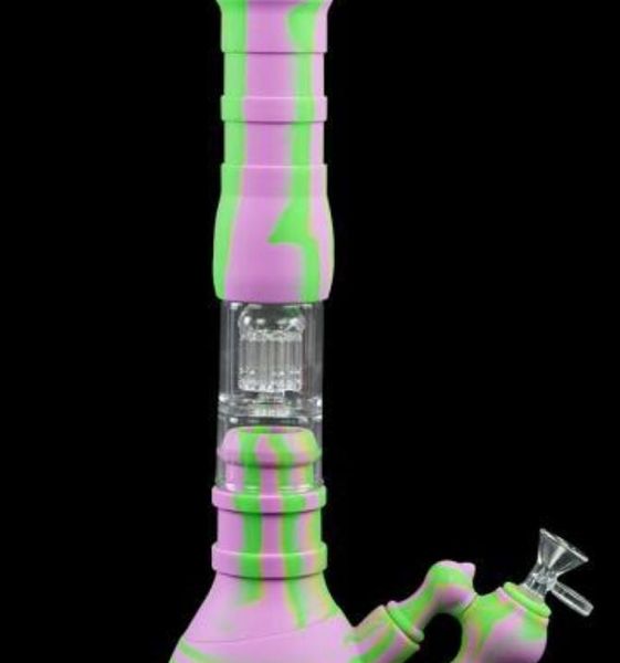 2022 New Bong Hookah Conjunto de três camadas Filtração Tubulação de água Percolor Silicone Tube 5 Cores Vidro Bongo Tubos de Água Dab Rig 14mm tamanho conjunto