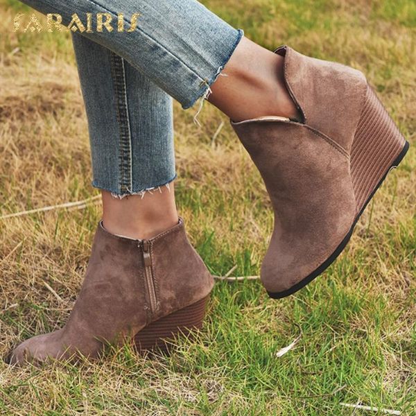 

sarairis 2020 new fashion big size 43 wedge high heels ankle boots woman shoes zip up platform ins dropship shoes ladies boots, Black